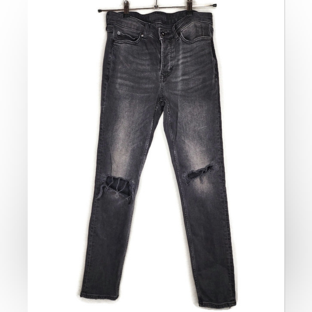 Topman Distressed Ripped Knee Jeans in Washed Black Size 30 x 30.5